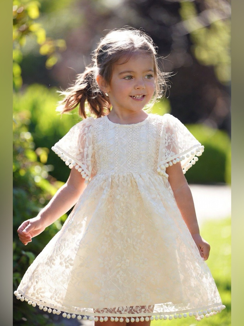 2Bunnies Mauve Pink Boho Lace Dress 4T Flower Girl Rustic Pom Trim
